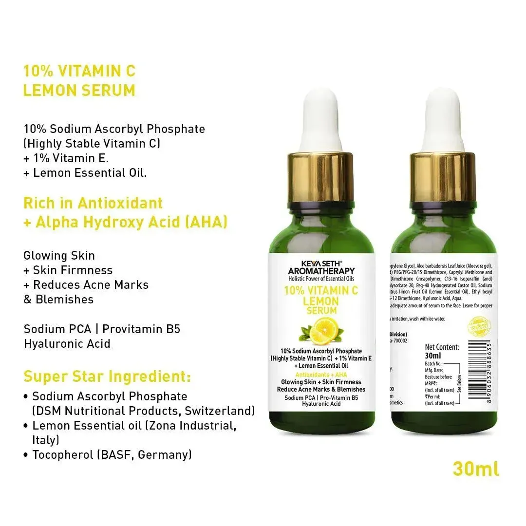 10% Vitamin C Lemon Serum, Sodium Ascorbyl Phosphate   Vitamin E & Lemon Essential Oil, Antioxidants   AHA, Glowing Skin & Firmness, Reduces Acne Marks