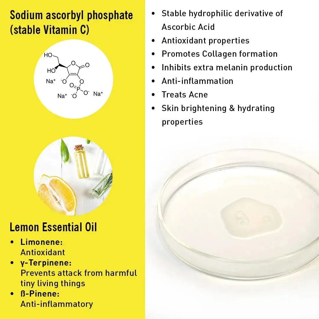 10% Vitamin C Lemon Serum, Sodium Ascorbyl Phosphate   Vitamin E & Lemon Essential Oil, Antioxidants   AHA, Glowing Skin & Firmness, Reduces Acne Marks