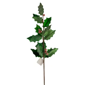 27" Green and Red Metallic and Sugared Holly Leaves and Berries Spray 32231