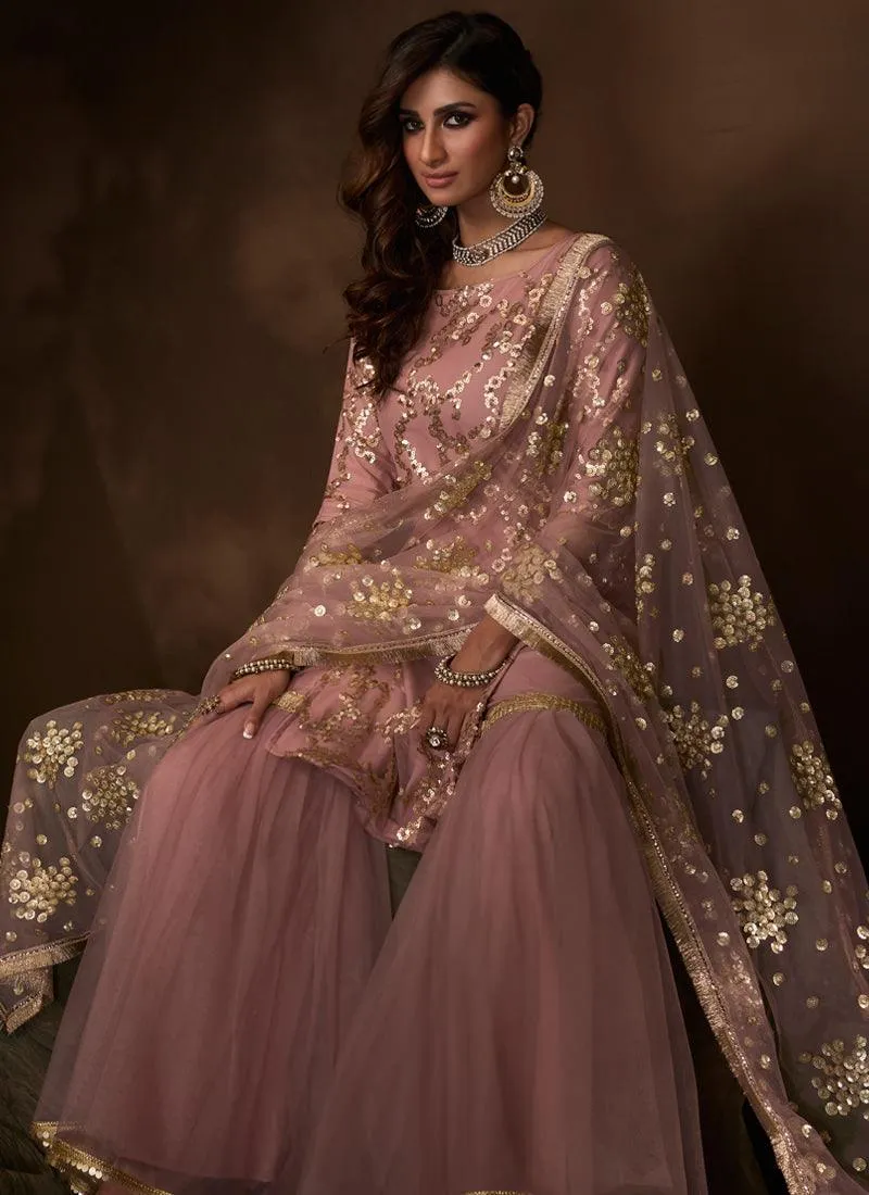 Blush Pink Ethnic Soft Net Base Sharara Suit
