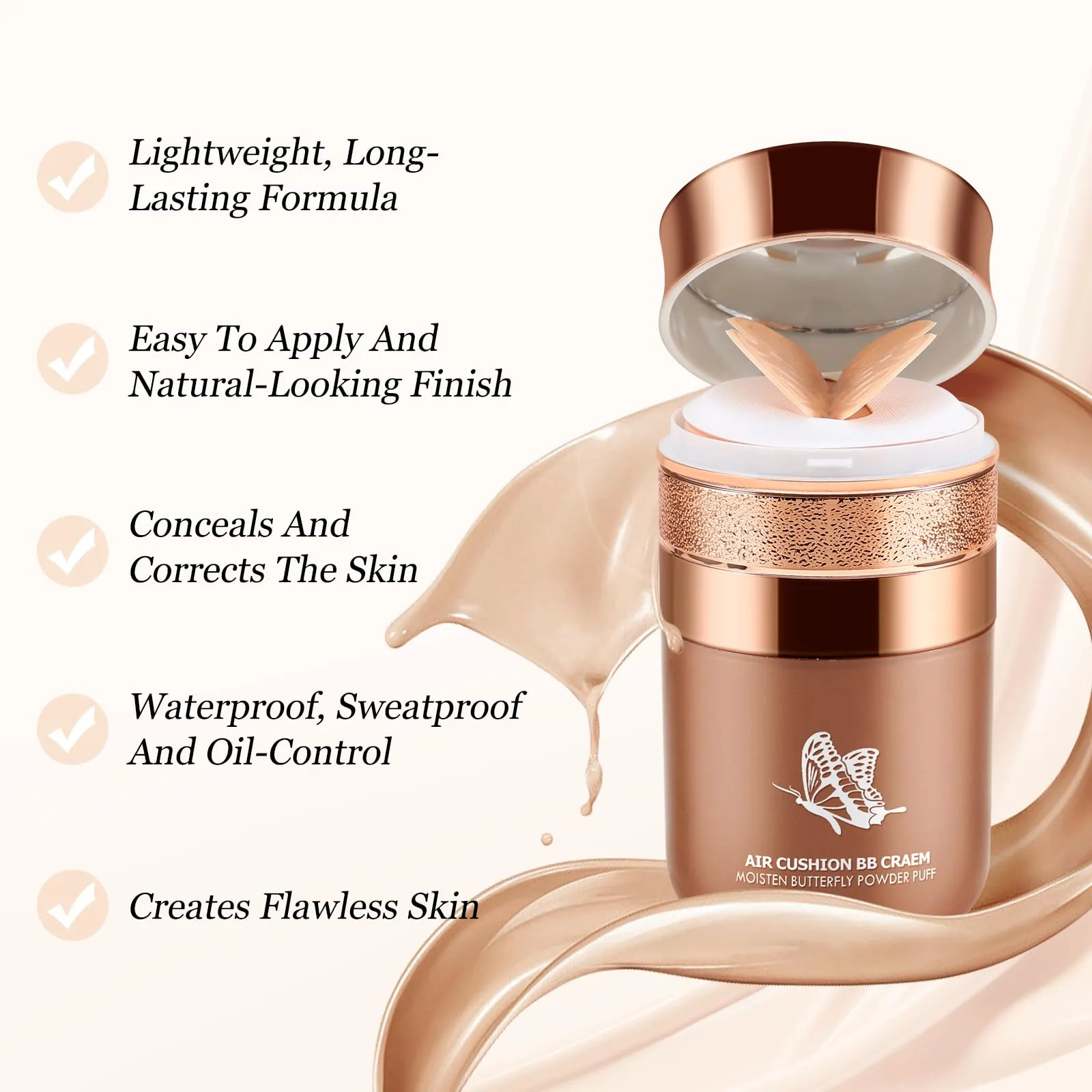 Boobeen Air Cushion BB Cream, Lightweight Moisturizing Foundation Face Makeup, Natural Matte Concealer for Dewy Finish, Conceal & Brighten Nude Base Primer Cream to Even Skin Tone, Long Lasting