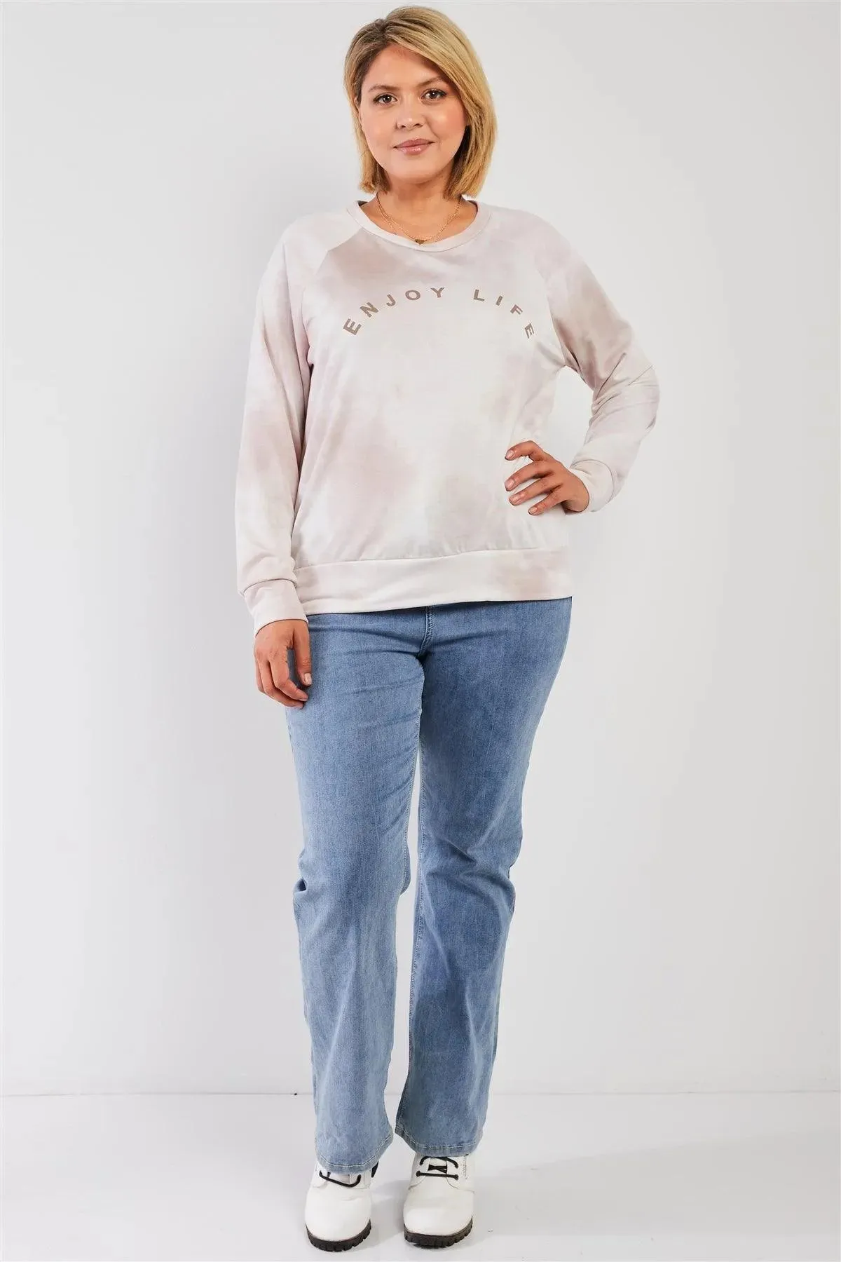 Junior Plus Blush Tie-Dye Affirmation Graphic Detail Round Neck Long Sleeve Sweatshirt Top /3-2-1