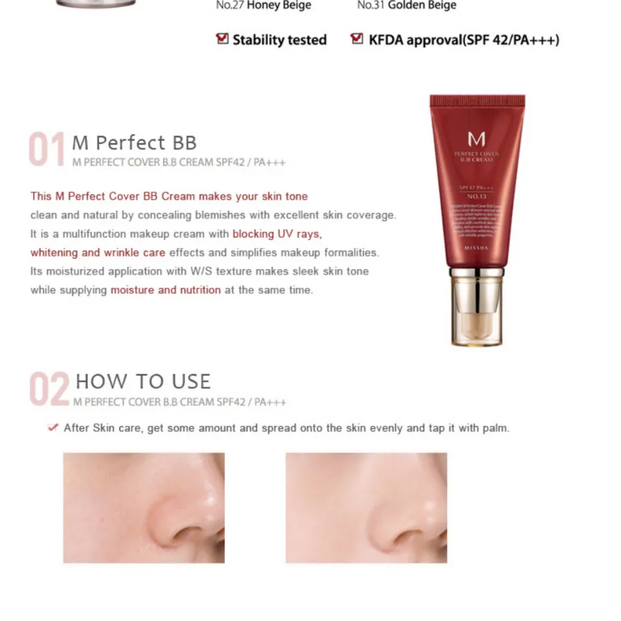 MISSHA Perfect Cover BB Cream SPF42 PA   , 50ml/ 1.69fl.oz
