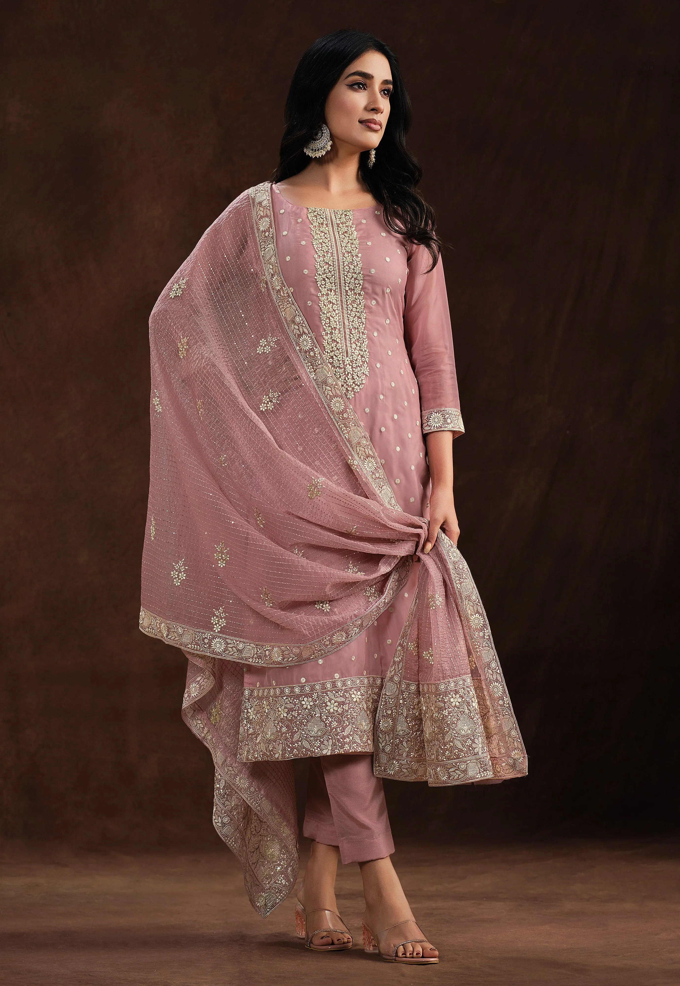 Rose Blush Embroidered Wedding Soft Organza Pant Suit