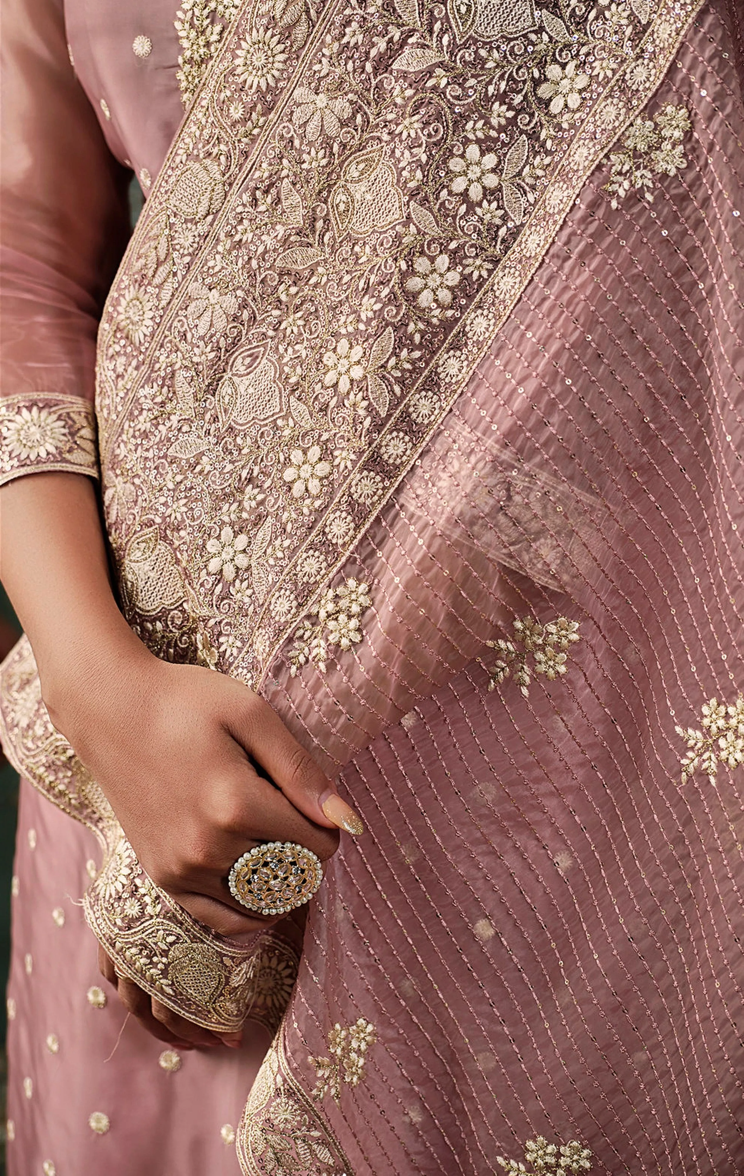Rose Blush Embroidered Wedding Soft Organza Pant Suit