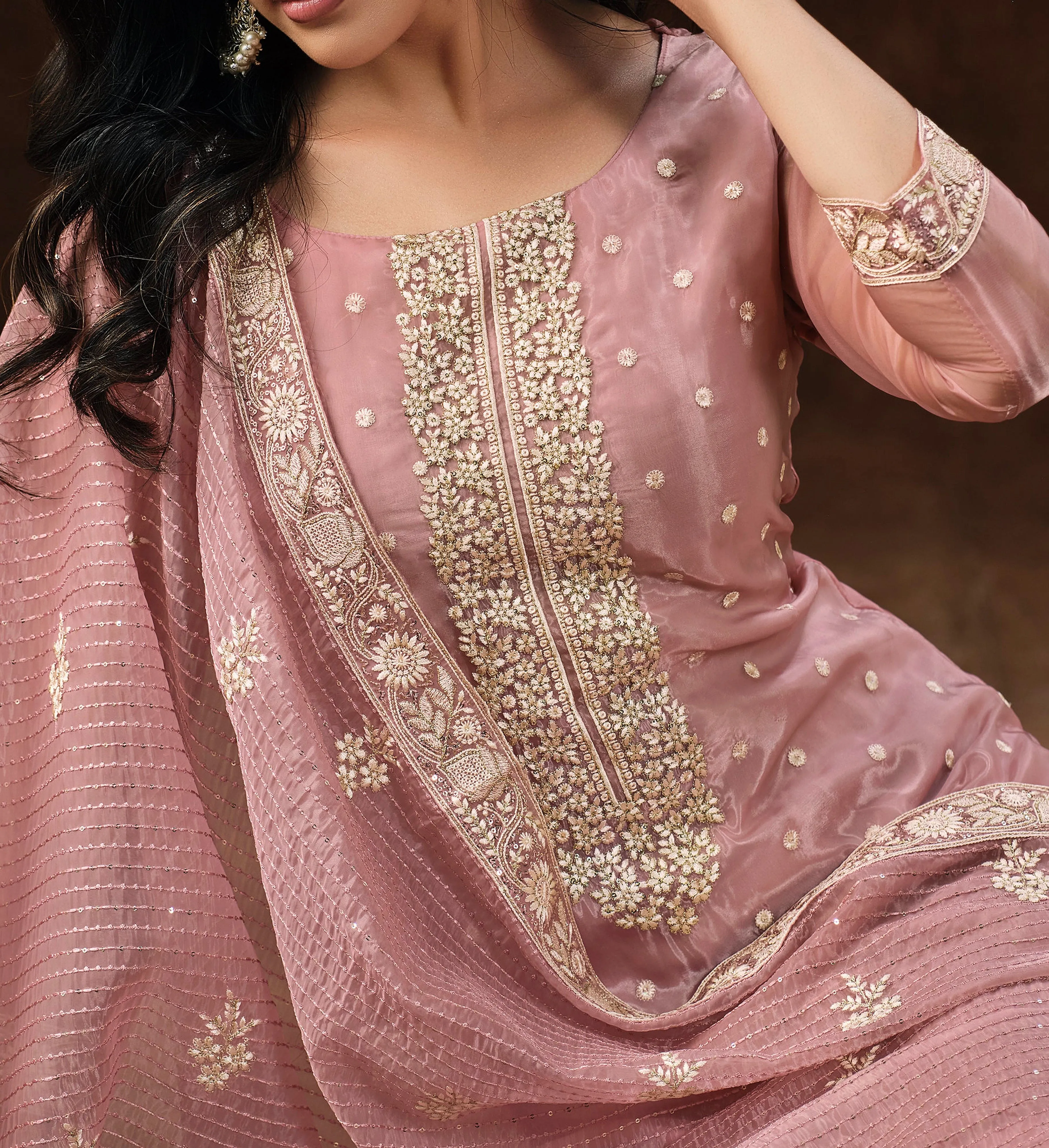 Rose Blush Embroidered Wedding Soft Organza Pant Suit