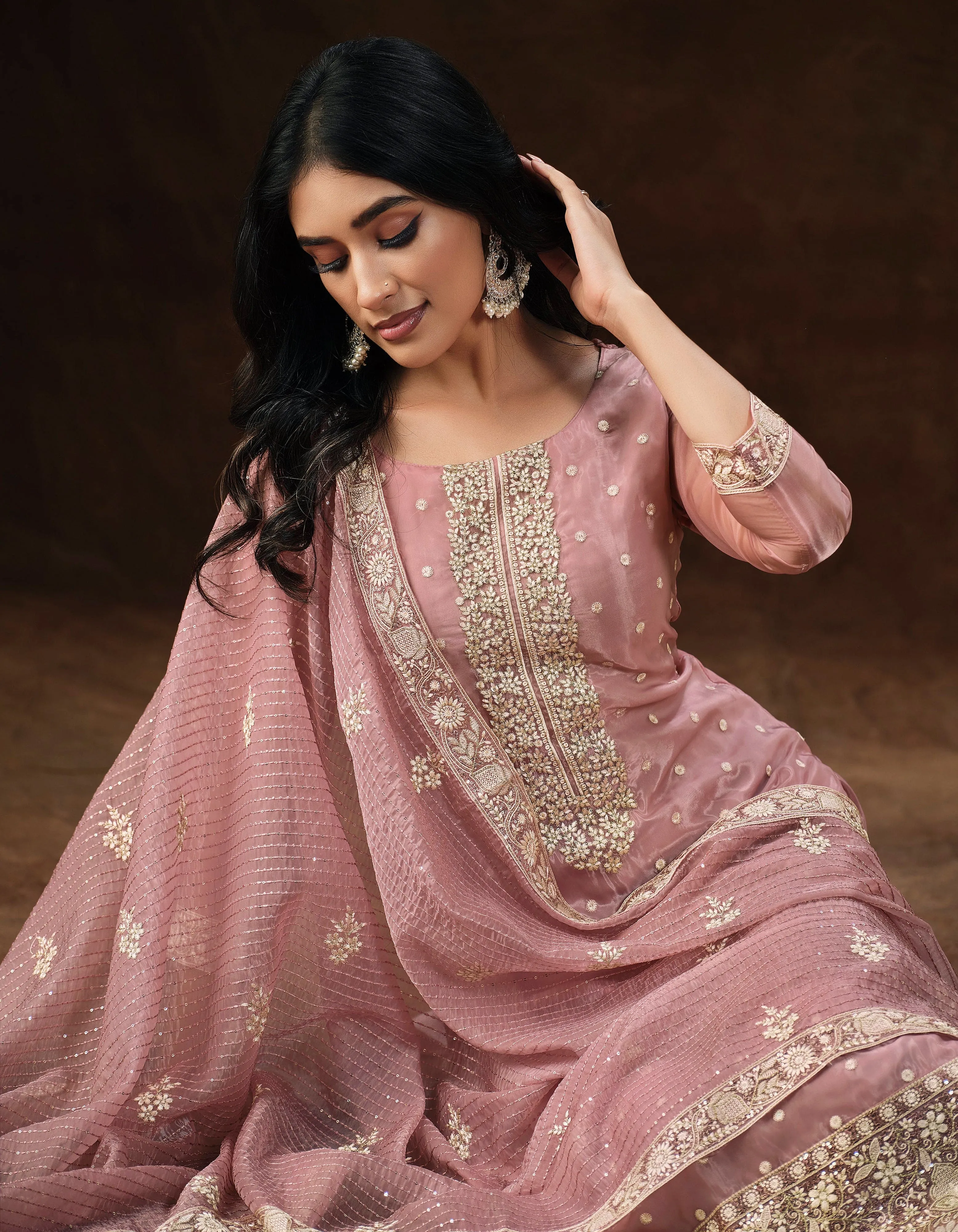 Rose Blush Embroidered Wedding Soft Organza Pant Suit