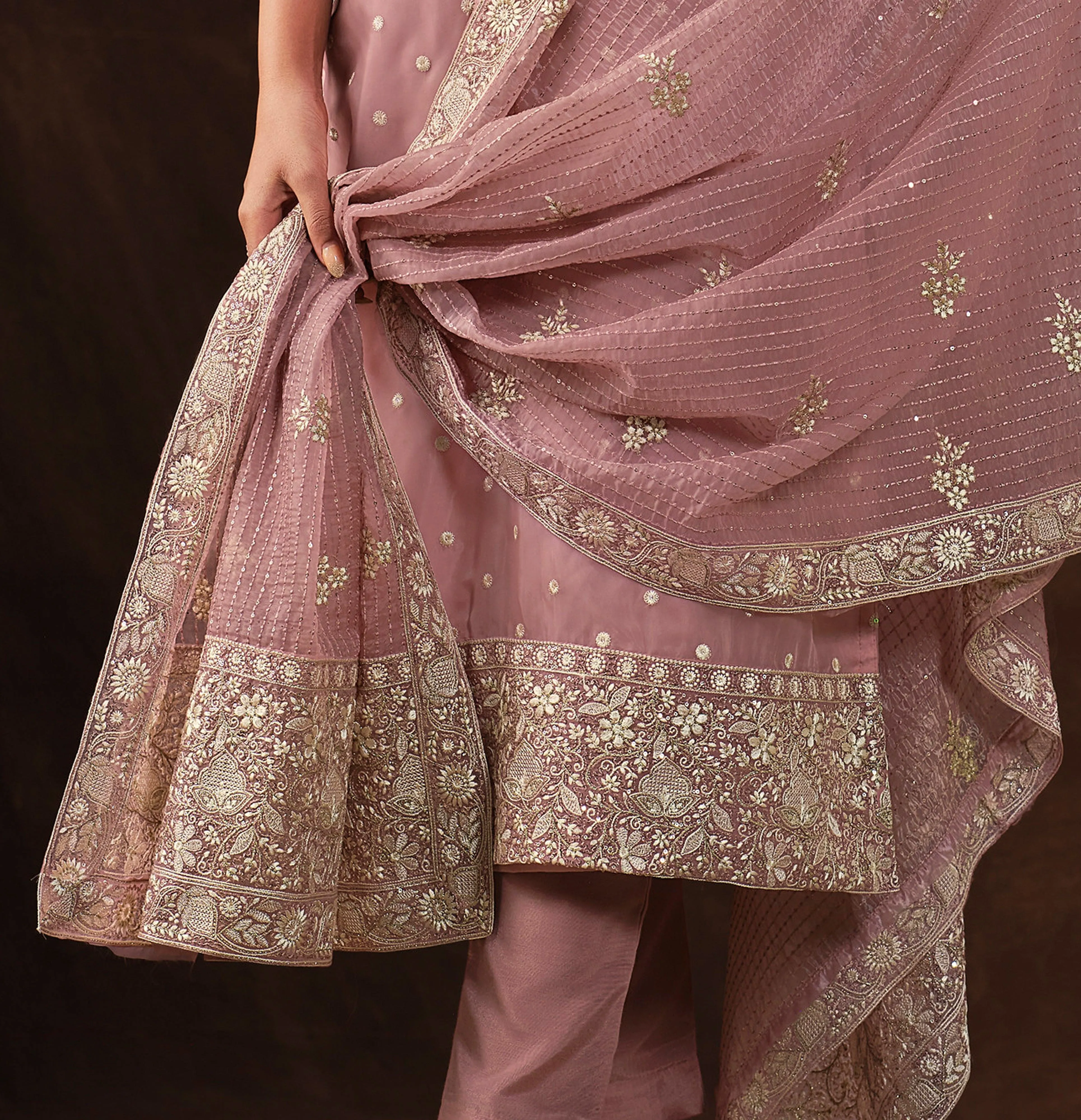 Rose Blush Embroidered Wedding Soft Organza Pant Suit