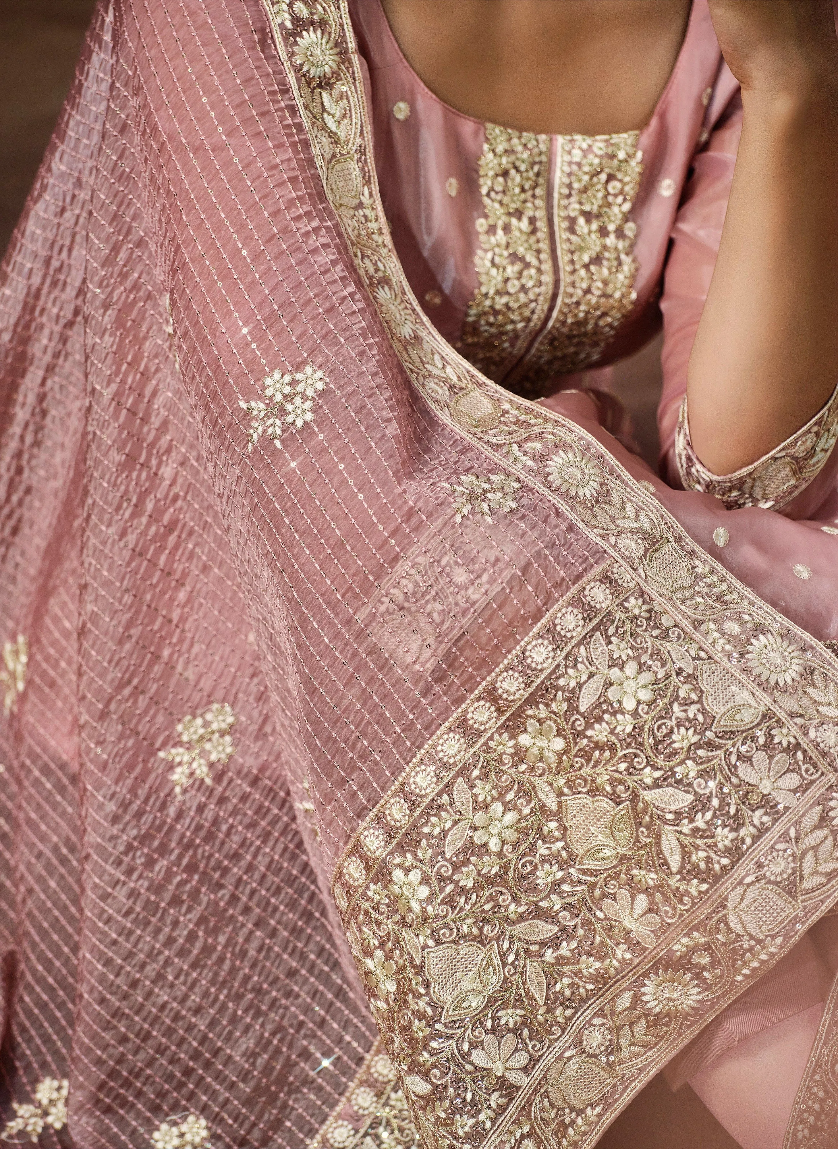 Rose Blush Embroidered Wedding Soft Organza Pant Suit