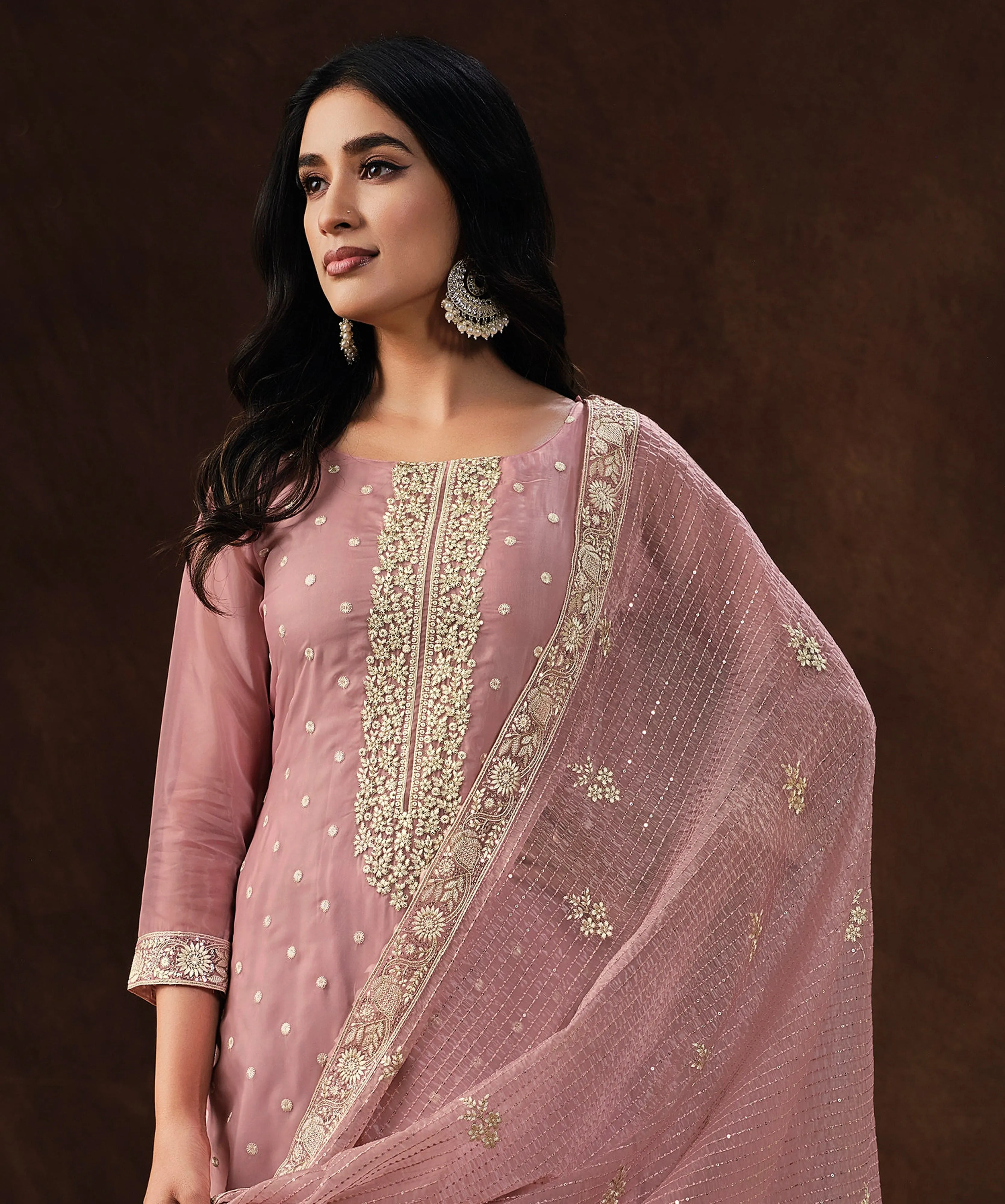 Rose Blush Embroidered Wedding Soft Organza Pant Suit